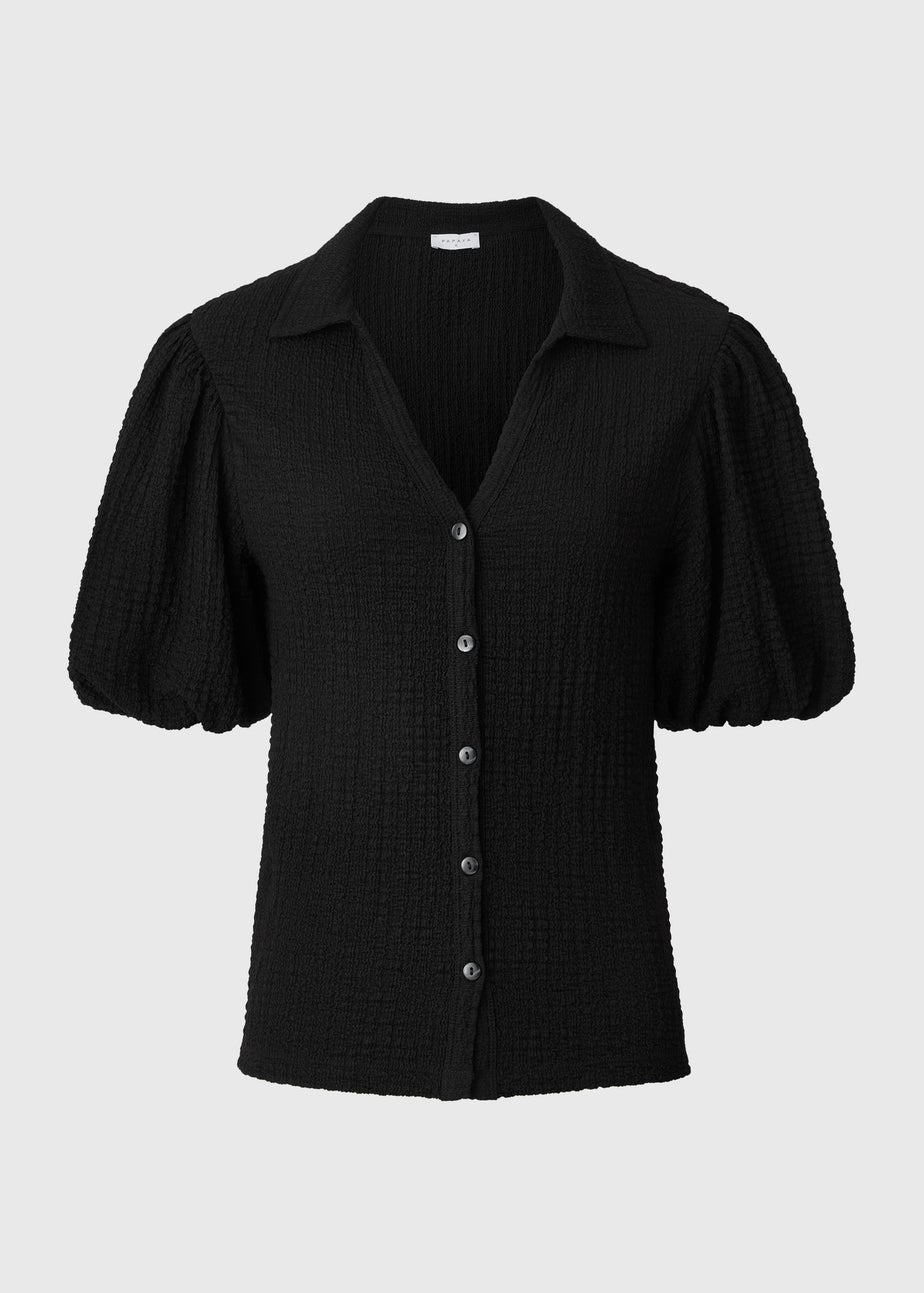 Black Textured Puff Sleeve Shirt