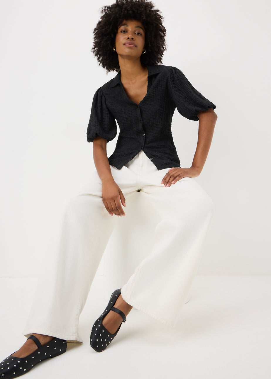 Black Textured Puff Sleeve Shirt