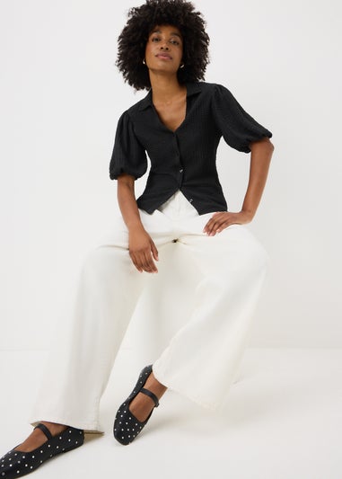 Black Textured Puff Sleeve Shirt