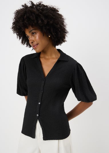 Black Textured Puff Sleeve Shirt