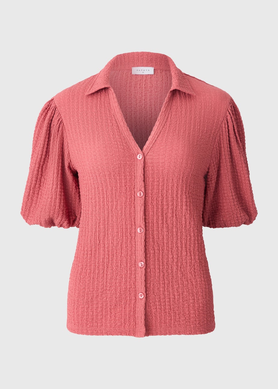 Rose Textured Puff Sleeve Button Shirt