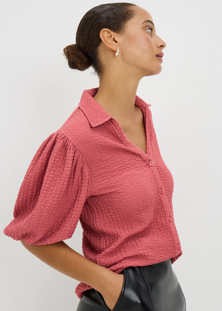 Rose Textured Puff Sleeve Button Shirt