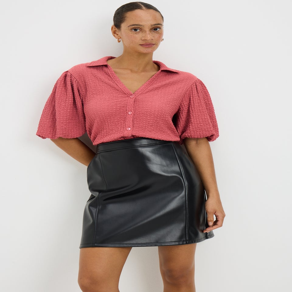 Rose Textured Puff Sleeve Button Shirt