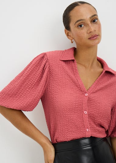 Rose Textured Puff Sleeve Button Shirt