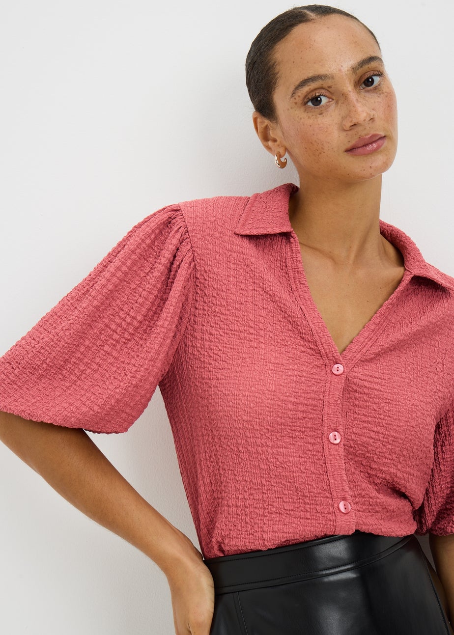 Rose Textured Puff Sleeve Button Shirt
