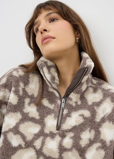Brown Animal Print Half Zip Fleece