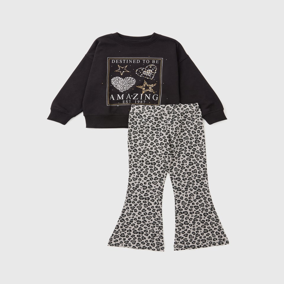 Girls Black Leopard Amazing Sweatshirt & Legging Set (7-15yrs)