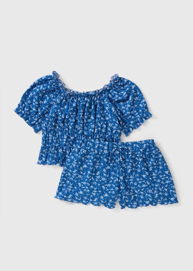 Girls Blue Ditsy Floral Top & Shorts Set (7-15yrs)