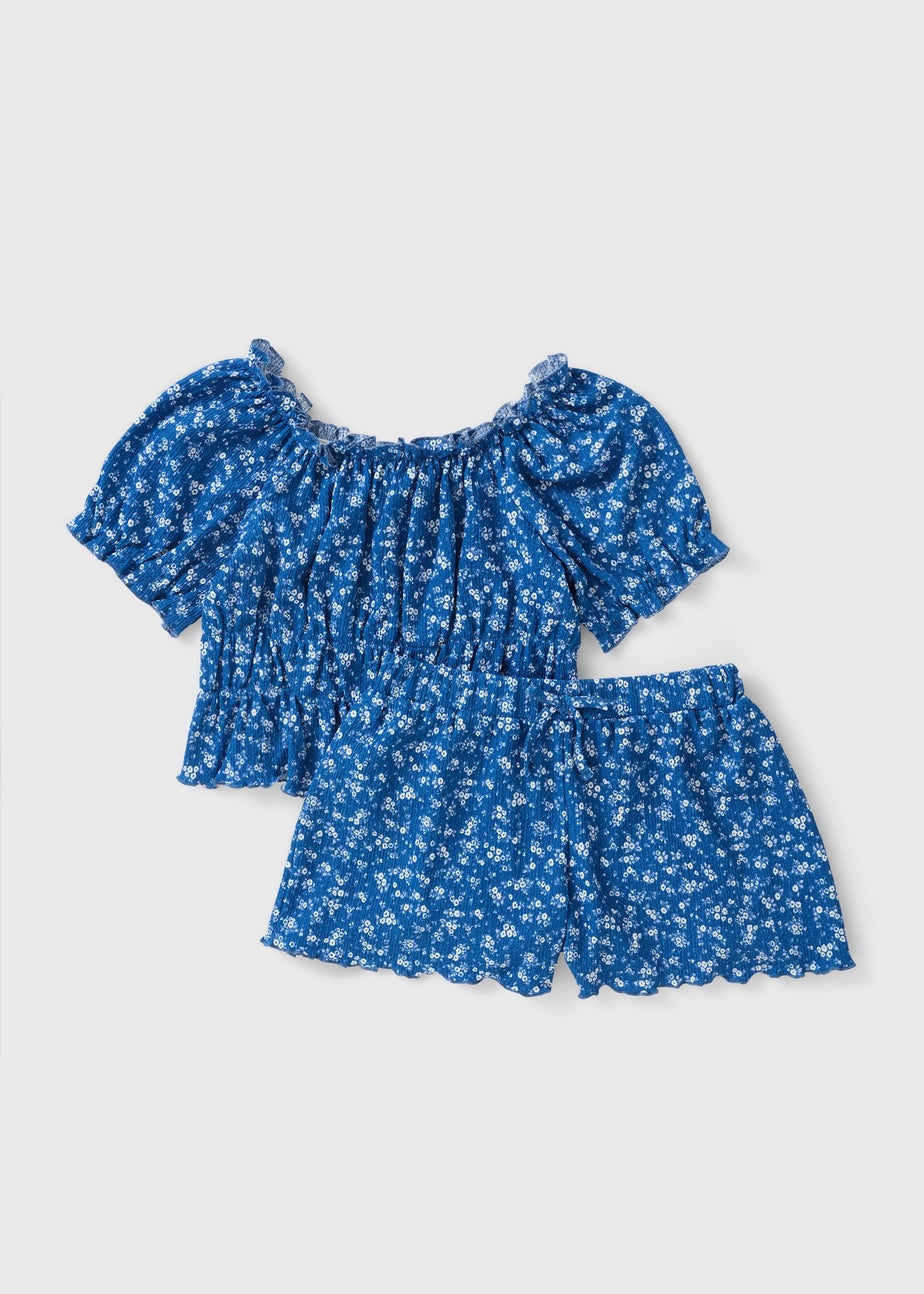 Girls Blue Ditsy Floral Top & Shorts Set (7-15yrs)