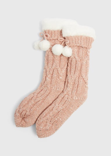 Pink Cable Sequin Slipper Socks