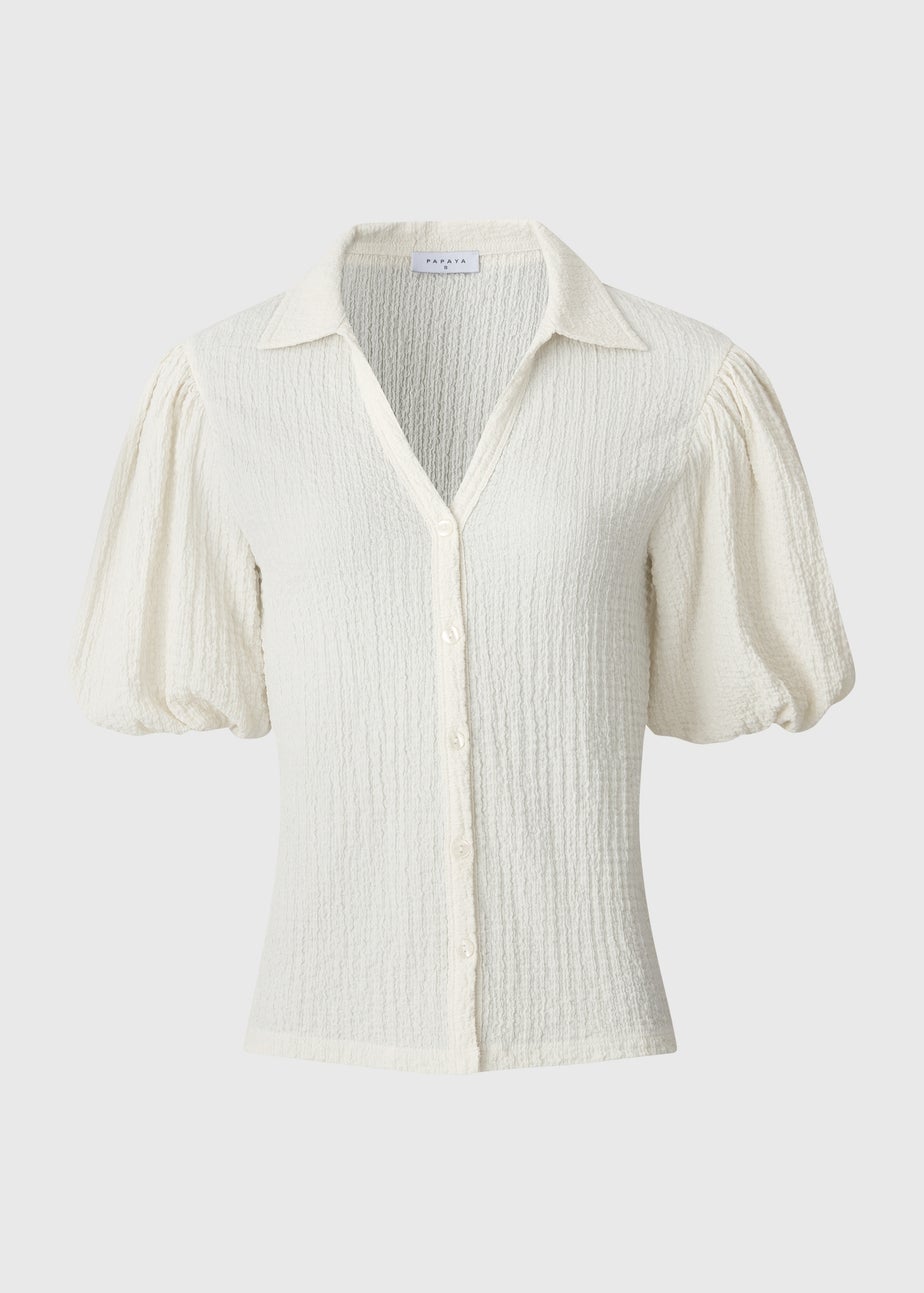 Cream Textured Puff Sleeve Shirt
