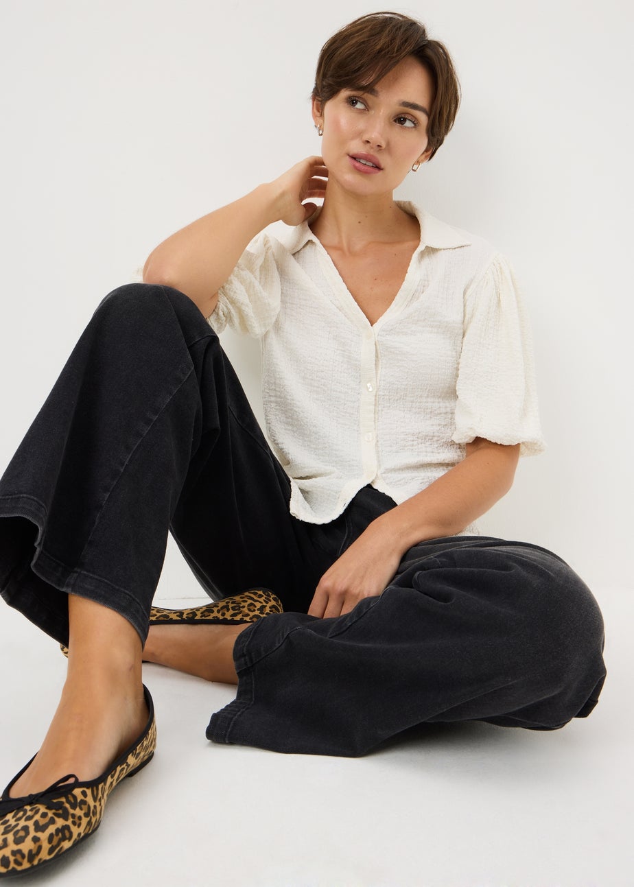 Cream Textured Puff Sleeve Shirt