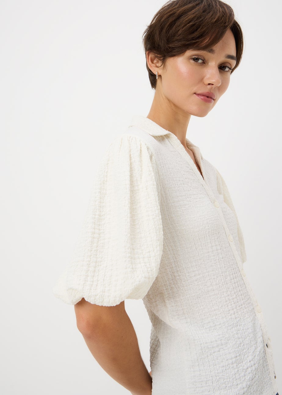Cream Textured Puff Sleeve Shirt