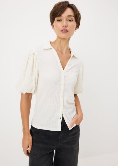 Cream Textured Puff Sleeve Shirt