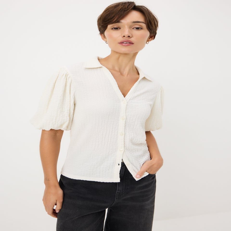 Cream Textured Puff Sleeve Shirt
