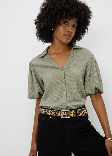 Sage Textured Button Puff Sleeve Top