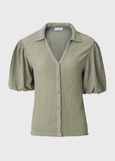 Sage Textured Button Puff Sleeve Top