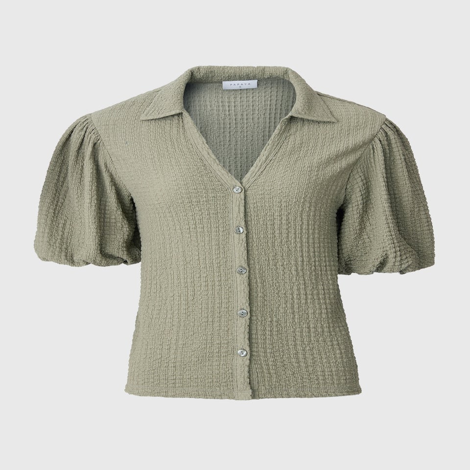Sage Textured Button Puff Sleeve Top