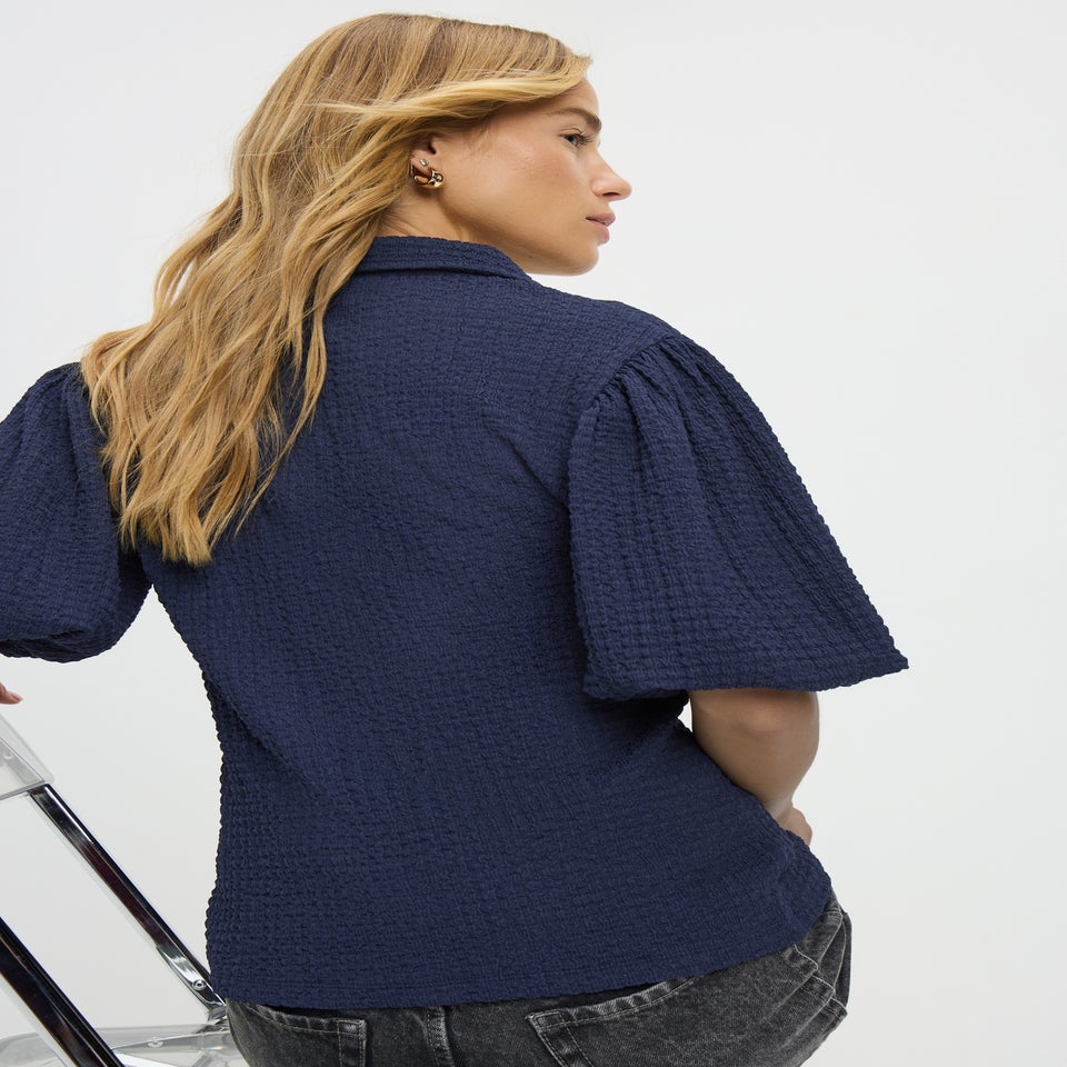 Navy Textured Puff Sleeve Shirt