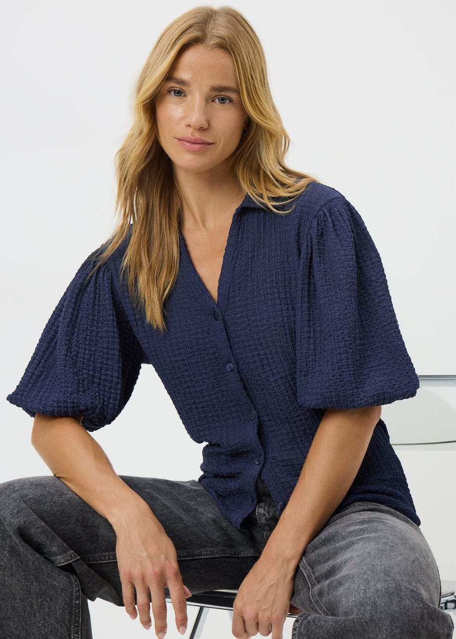 Navy Textured Puff Sleeve Shirt