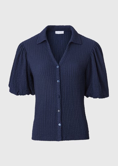 Navy Textured Puff Sleeve Shirt