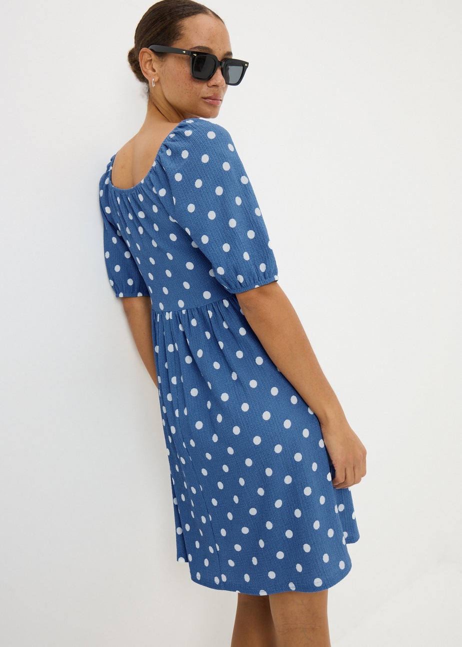 Blue Spot Print Shirred Mini Dress