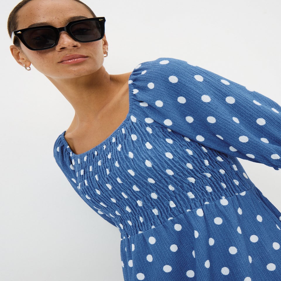 Blue Spot Print Shirred Mini Dress