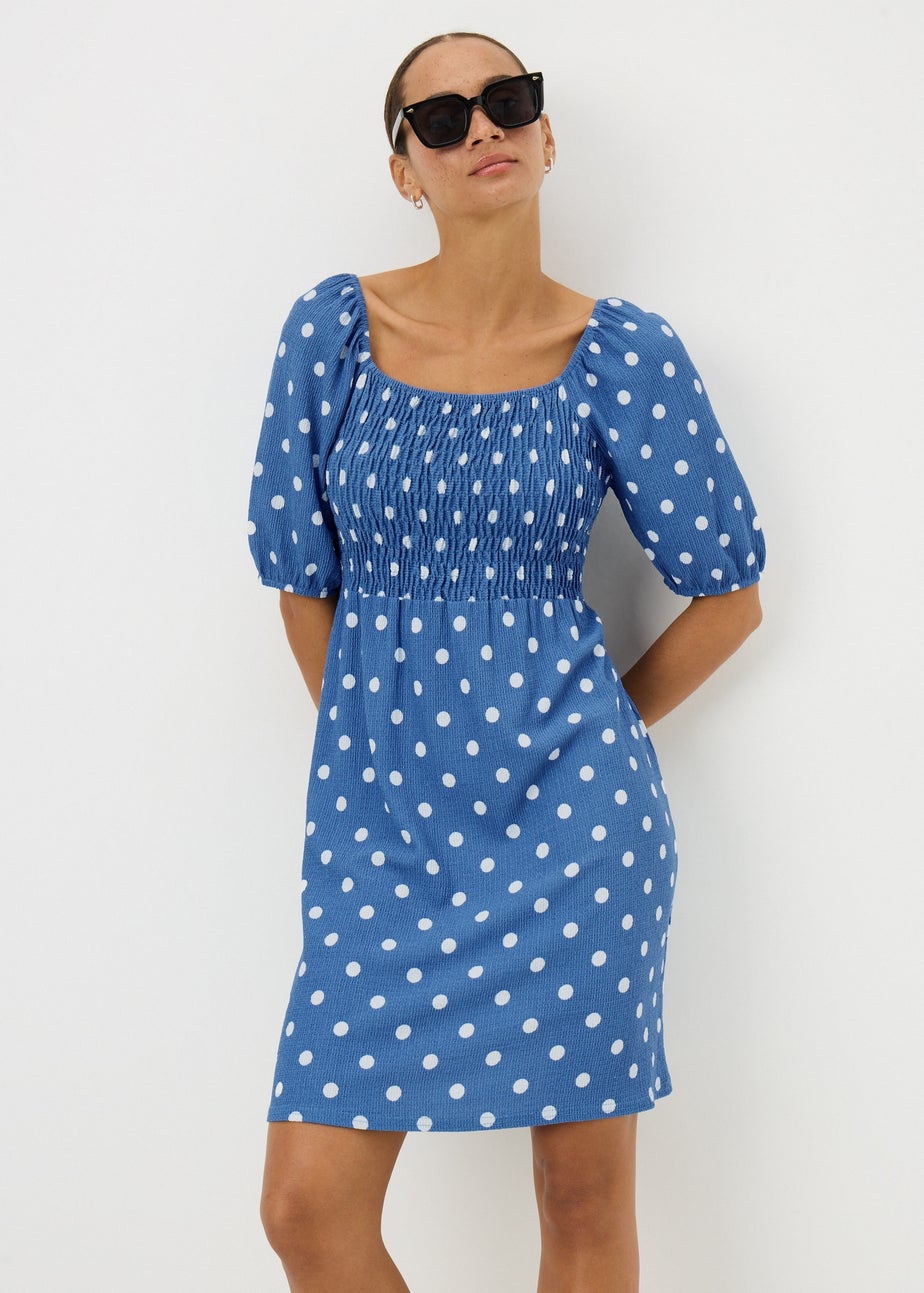 Blue Spot Print Shirred Mini Dress
