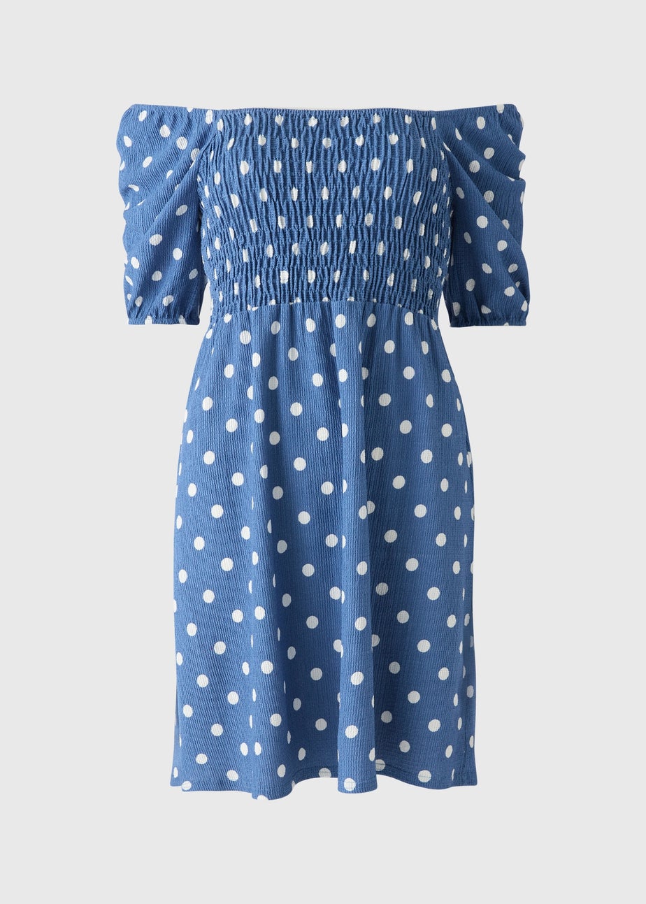 Blue Spot Print Shirred Mini Dress