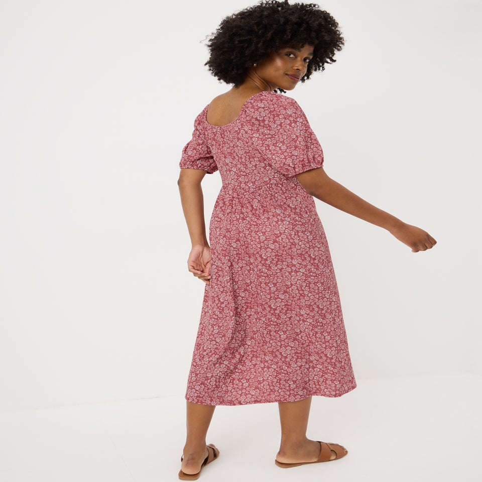 Raspberry Daisy Shirred Midi Dress