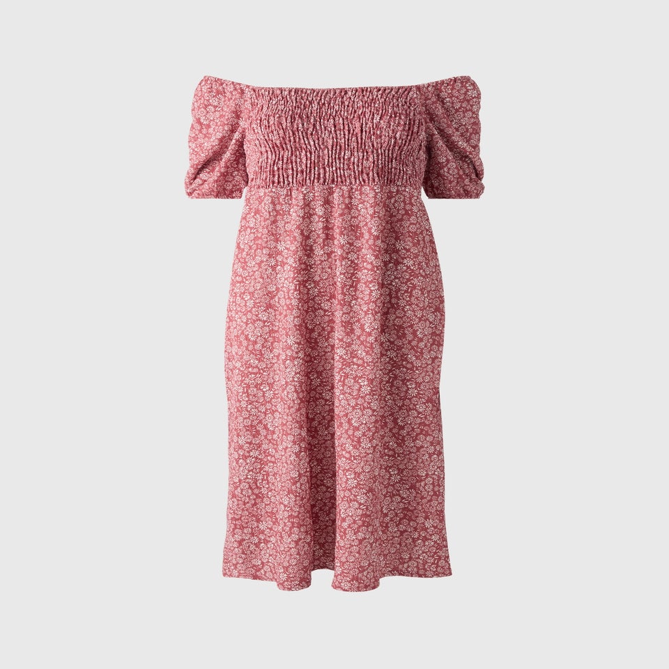Raspberry Daisy Shirred Midi Dress