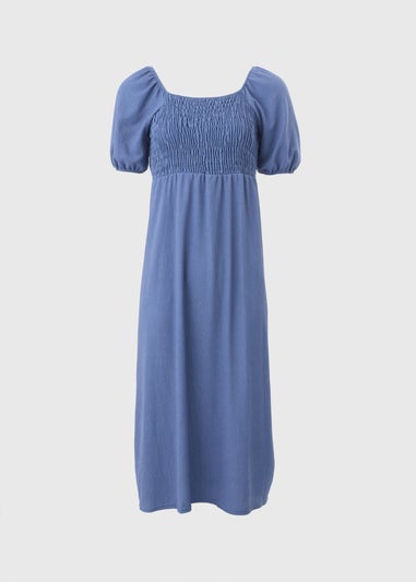 Blue Shirred Midi Dress