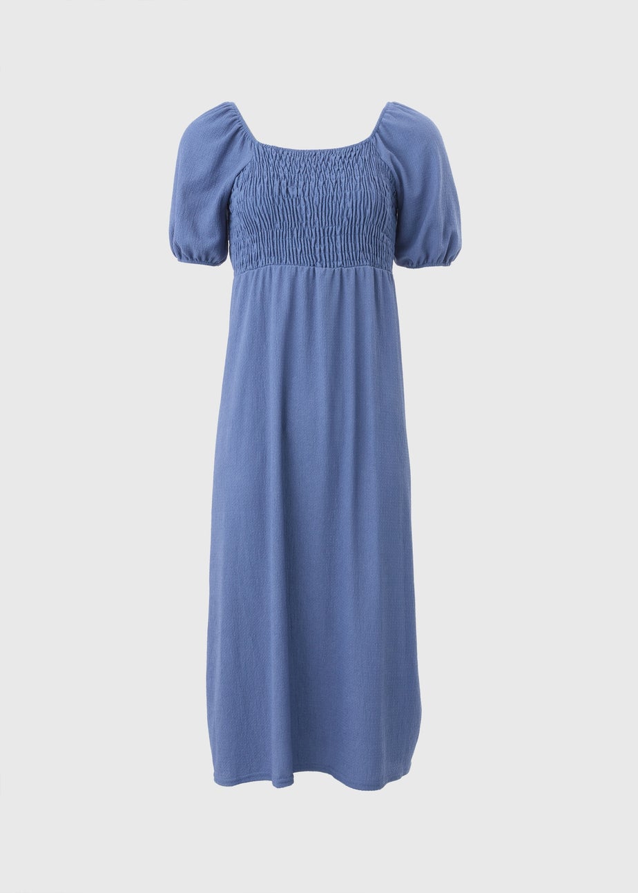 Blue Shirred Midi Dress