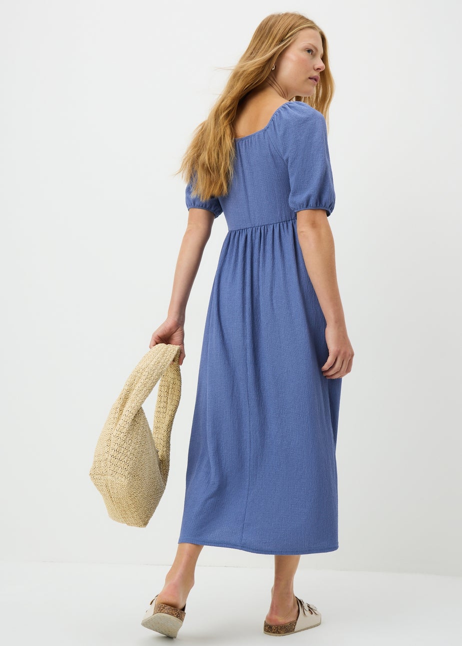 Blue Shirred Midi Dress