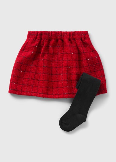 Girls Red Boucle Skirt and Tights Set (1-7 Years)