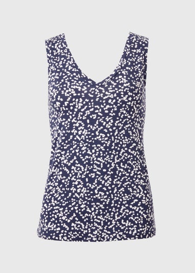 Navy Printed V Neck Vest Top