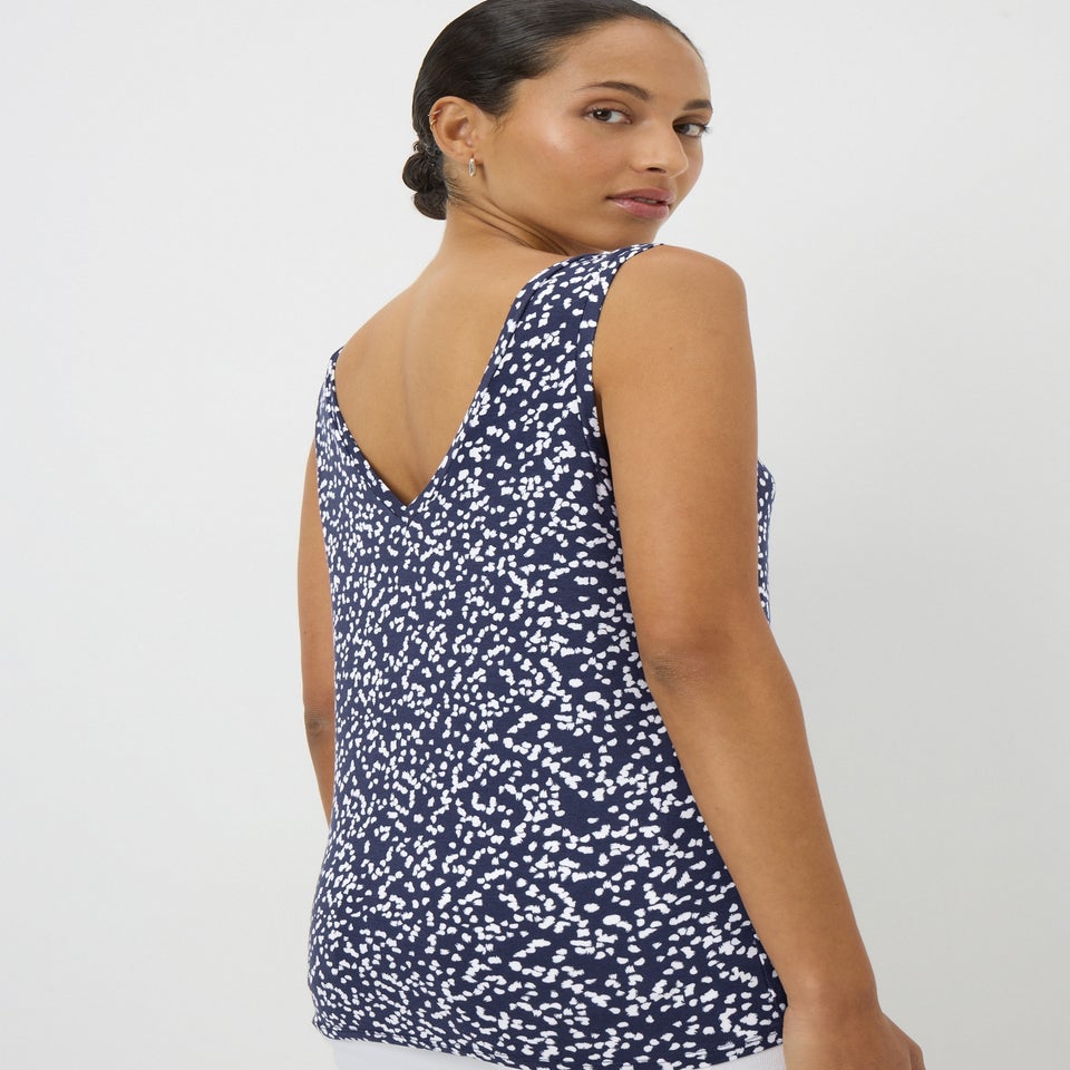 Navy Printed V Neck Vest Top
