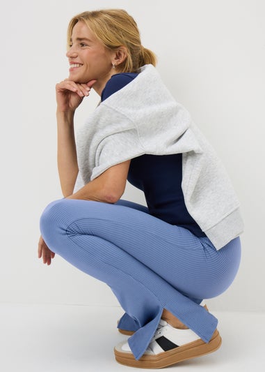 Blue Ribbed Kickflared Leggings