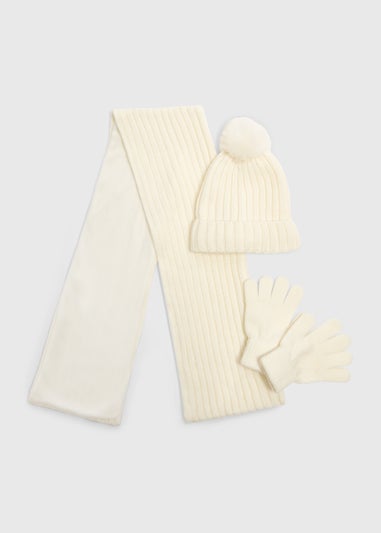3 Piece Girls Cream Rib Hat Set (3-13yrs)