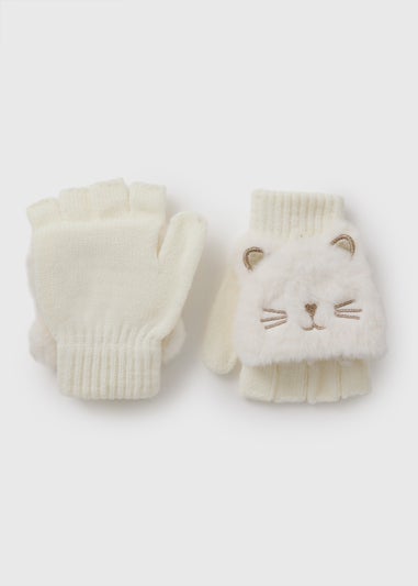 Girls Cream Cat Mittens