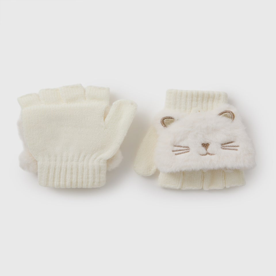 Girls Cream Cat Mittens