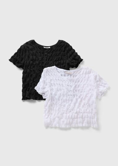 2 Pack Girls Black & White Crinkle Tops (7-15yrs)