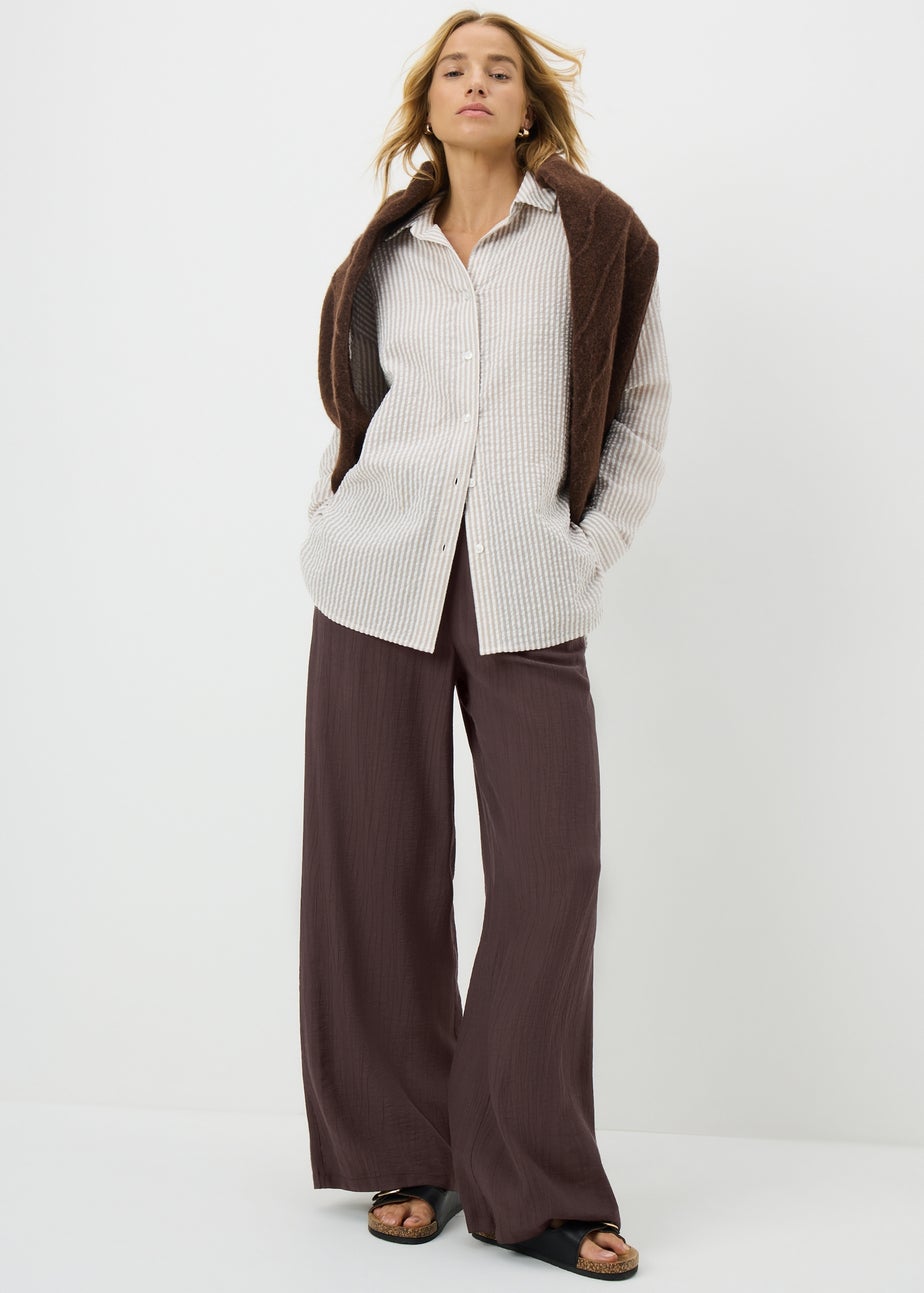 Brown Textured Woven Wide Leg Trousers
