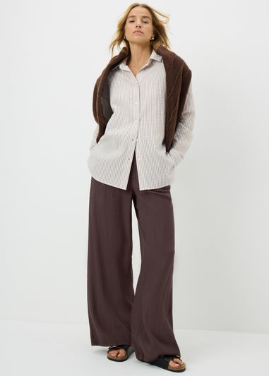 Brown Textured Woven Wide Leg Trousers