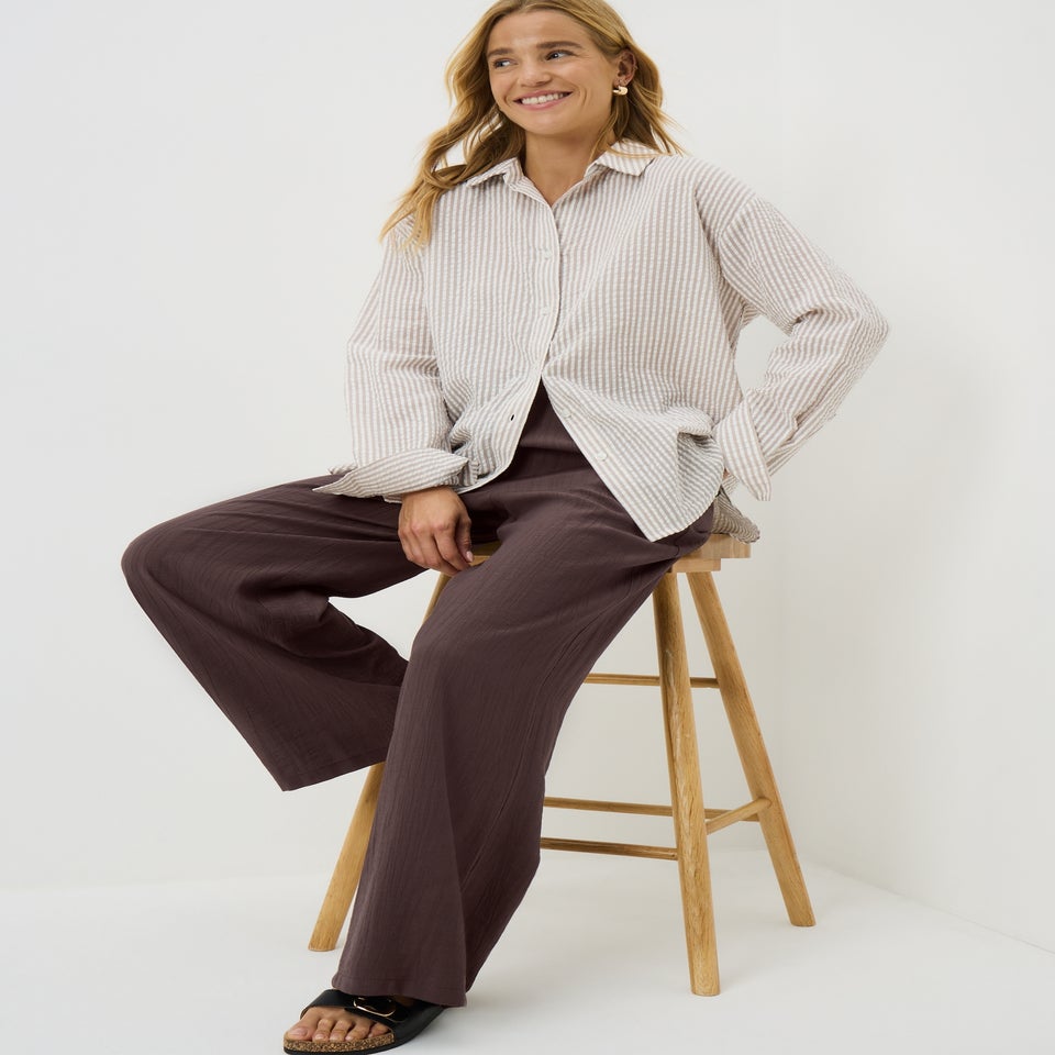Brown Textured Woven Wide Leg Trousers