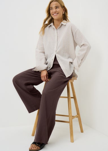Brown Textured Woven Wide Leg Trousers