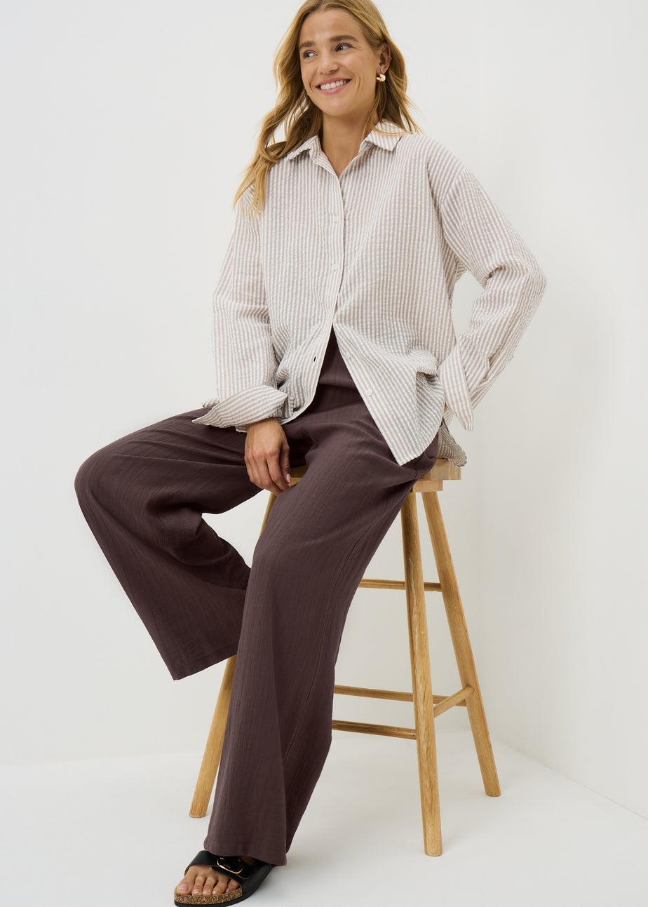 Brown Textured Woven Wide Leg Trousers