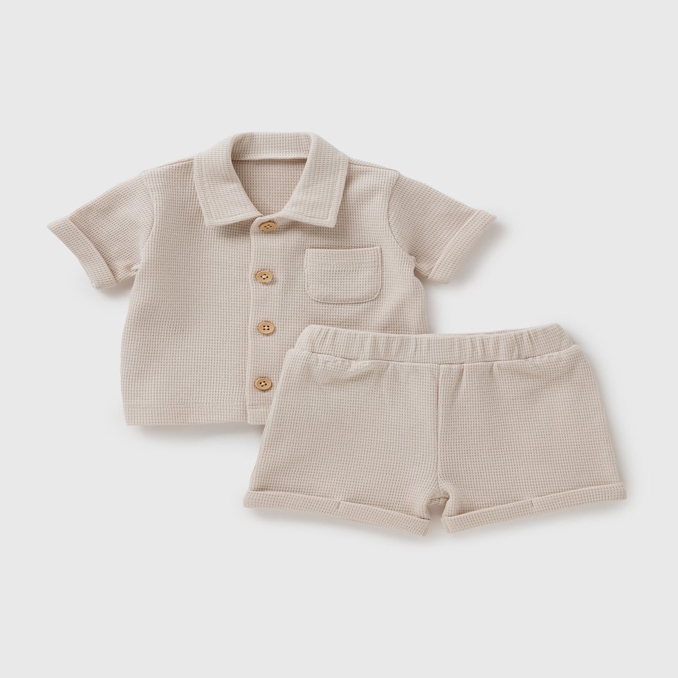 Baby Cream Waffle Shirt & Short Set (Newborn-23mths)