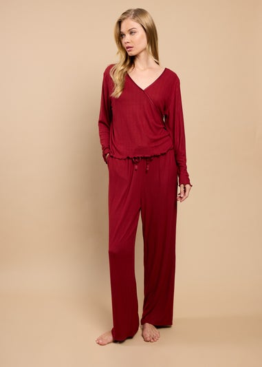 Little Mistress Burgundy Pointelle Wrap Top and Trouser Lounge Set by Vicky Pattison