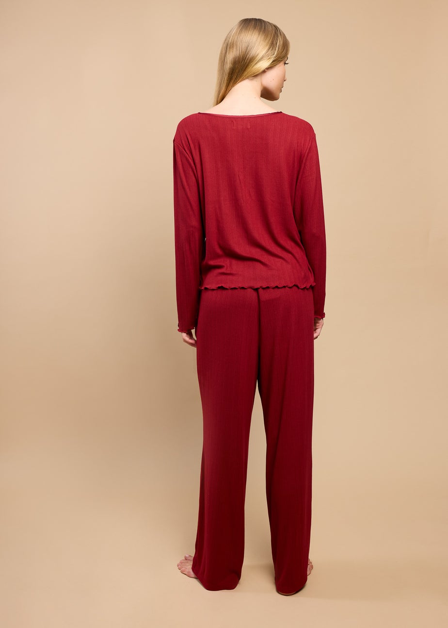 Little Mistress Burgundy Pointelle Wrap Top and Trouser Lounge Set by Vicky Pattison